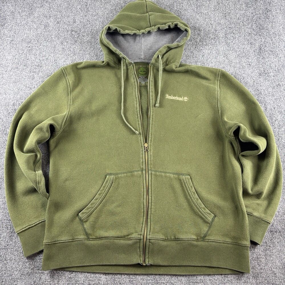 Timberland Hoodie Mens XL Olive Green Full Zip Waffle Lined Embroidered Logo